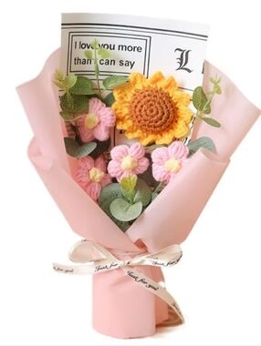 Crochet Sunflower and Pink Bloom Bouquet - Pink Wrapping.